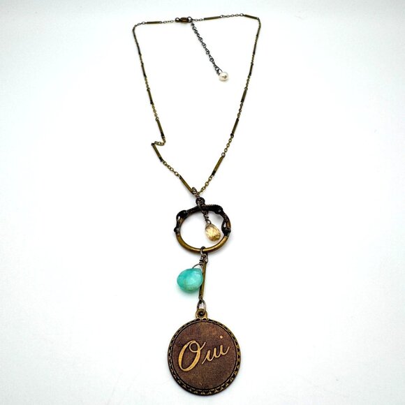 Pavanne Necklace Blue Chalcedony Swarovski Crystal Brass Chain Handcrafted - Picture 4 of 13